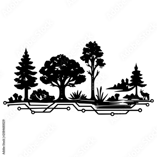 Nature's Digital Symphony: A stylized illustration depicts a harmonious blend of organic nature, featuring trees, shrubs, and a deer, interconnected by digital circuitry and nodes.
