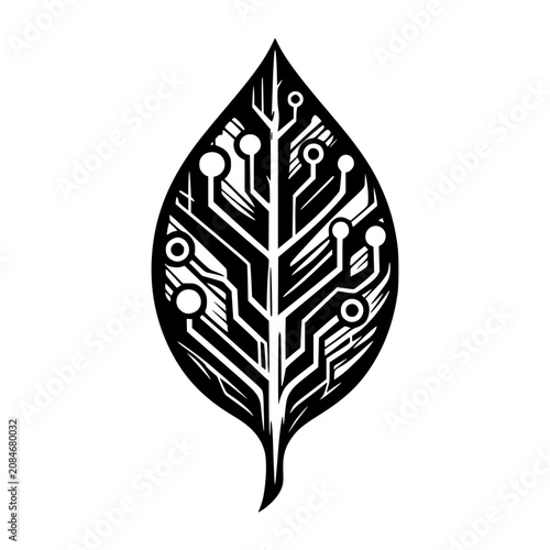 Tech Leaf Icon: A stylized leaf shape merges with electronic circuit board patterns, symbolizing the intersection of technology and nature.