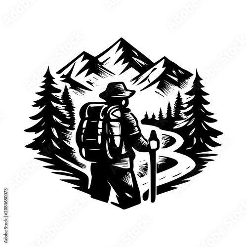 Adventurous Hiker in Mountain Landscape: An illustration depicting a solitary hiker with a backpack and walking stick, facing a winding path amidst a majestic mountain range and pine forest.