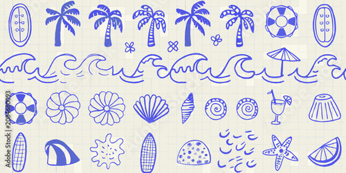 beach elements hand drawn sketch on grid paper background palm tree waves seashell starfish umbrella lifebuoy surfboard cocktail monochrome illustration pattern