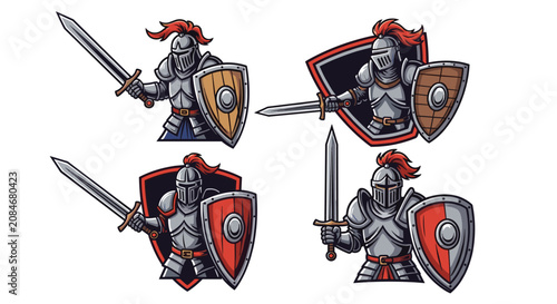 Photos Four illustrations of medieval knights in full armor holding swords and shields with red and wood accents on a white background