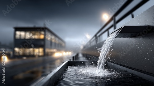 Close-up of water flowing through an industrial drainage system.