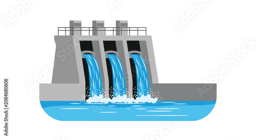 Bild auf Leinwand Modern hydroelectric dam with three water release gates spilling water into a river in a simple flat illustration style