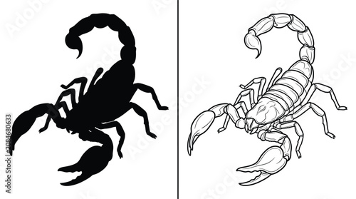 Foto Scorpion Graphic Silhouette Icon and Outlined Drawing with a Barbed Stinger and
