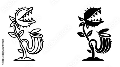 Принти на полотні Carnivorous Plant Icon: A stylized, cartoonish depiction of a carnivorous plant, presented in both line art and silhouette versions, ready to trap its prey with a gaping mouth and pitcher-like lure