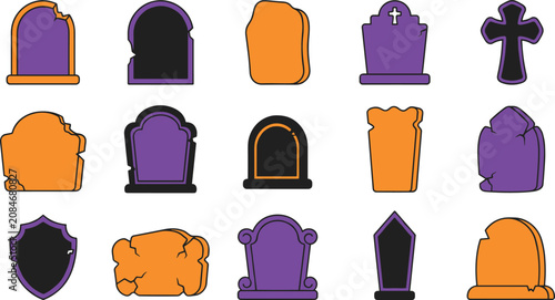 Bild auf Leinwand Halloween Tombstone Icon Collection Featuring Grave Markers Cross Memorial Shape