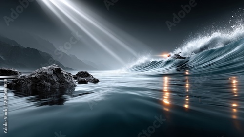 Waves crashing near rocks with light reflecting off water