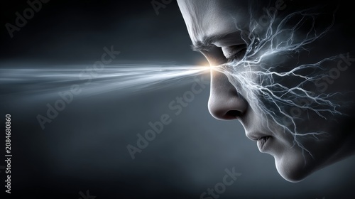 Woman with eyes emitting energy in a dramatic portrait
