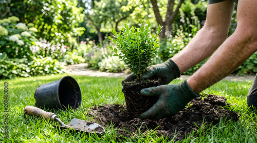 Gardener planting a small shrub in the garden