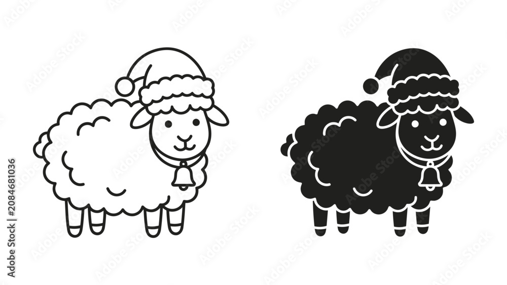 Obraz premium Christmas Sheep Icons: A pair of stylized sheep wearing Santa hats and bells, presented in both outline and silhouette form, ready for festive use.