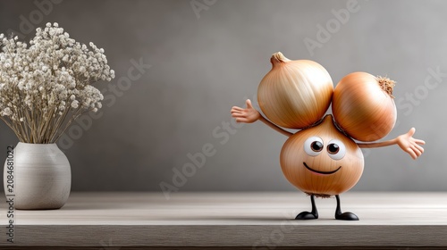 Vegetable character standing on a shelf with a flower vase nearby