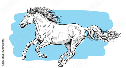 Foto Dynamic black and white sketch of a horse galloping freely against a stylized blue sky background patch for a natural effect