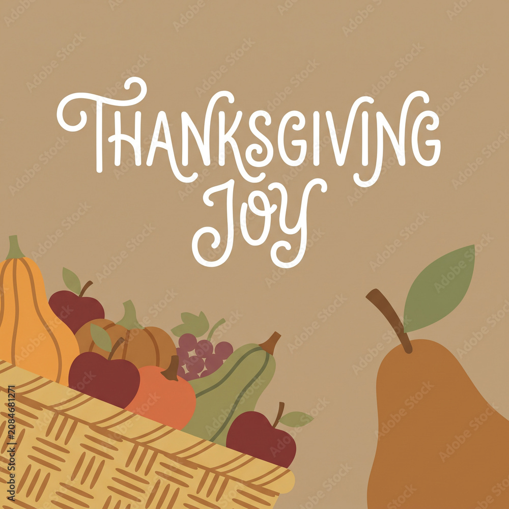 Fototapeta premium Thanksgiving joy greeting card with harvest basket of fruits and vegetables