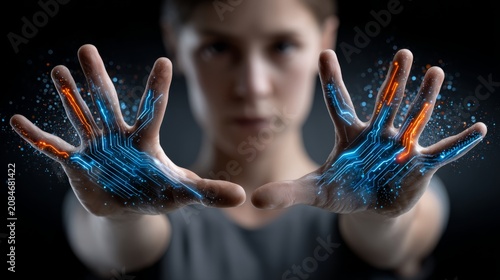 Hands display digital circuits, showcasing the fusion of technology and humanity through gestures