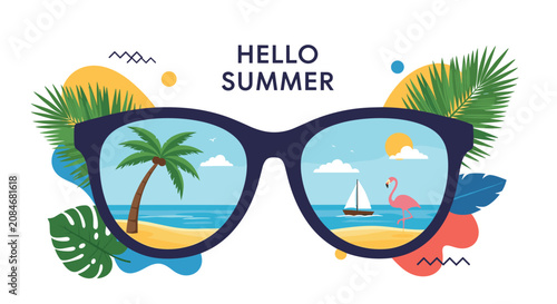 Hello Summer greeting card template featuring dark sunglasses reflecting a tropical beach with a pink flamingo.