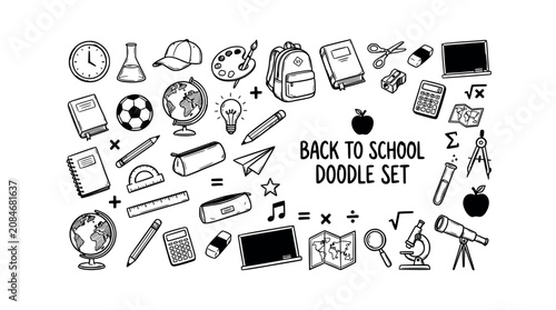 Collection of back to school doodle elements like globe, books, backpack, calculator, microscope, soccer ball, apple and notebook on transparent background.