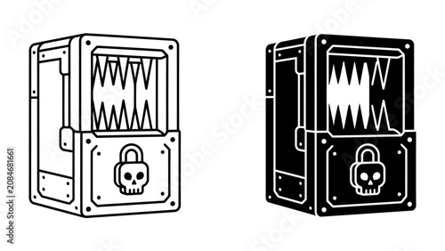 Photos Crate with Lock and Skull: A mysterious crate with a padlock and skull emblem, featuring a grated opening showing jagged teeth
