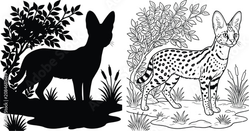 Canvas Print Serval African Wild Cat Standing in a Detailed Outline and Silhouette Vector Ill