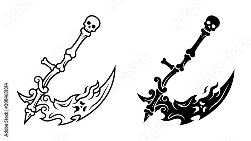 Fotografie Scythe of Shadows: A sinister scythe, crafted from skeletal bones and adorned with a skull, menacingly poised with fiery embellishments, presented in both outline and solid black variations