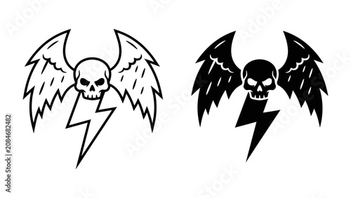 Fotografía Skull With Wings and Lightning Bolt Icon: Two striking graphic icons featuring a skull with outstretched wings and a lightning bolt striking downwards, representing power, danger, and speed