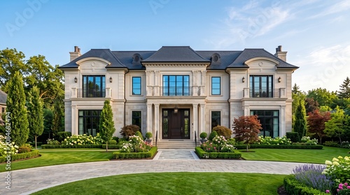 Luxury Neoclassical Mansion with Grand Columns and Palm Trees Exterior
