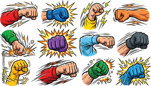 Vászonkép Colorful cartoon fists with boxing gloves and punches