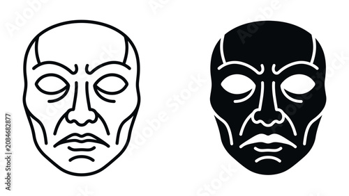Foto Two Mask Facade: A striking contrast between a white line art mask and a black silhouette mask, both depicting an ancient, solemn face with closed eyes and deep-set features
