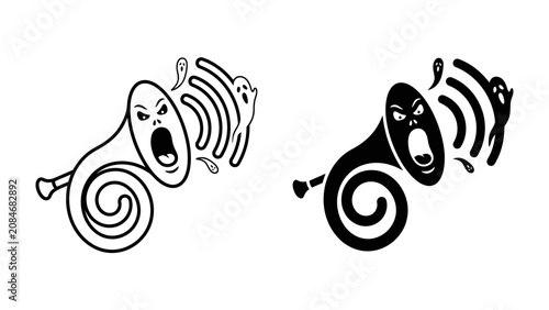 Canvastavla Ghostly Blast: A stylized horn emits a ghostly wail with a face of anger and spectral figures emerging from the sound waves, presented in both outline and silhouette