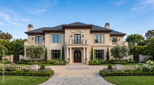 Luxury Neoclassical Mansion with Grand Columns and Palm Trees Exterior