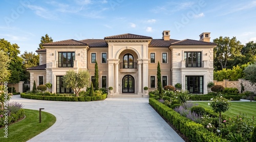 Luxury Neoclassical Mansion with Grand Columns and Palm Trees Exterior
