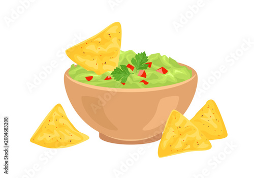 Foto Guacamole in bowl with nachos chips, isolated vector illustration