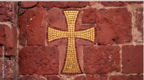 Golden Mosaic Cross on Rustic Red Stone Wall Architecture