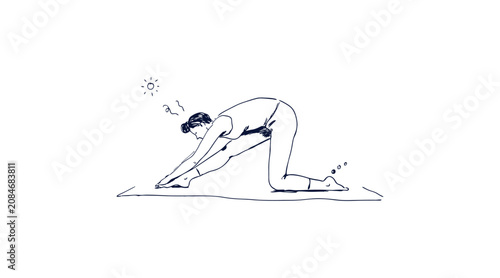 Woman doing yoga stretch pose on mat line art illustration