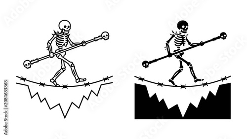 Cuadro en lienzo Skeleton tightrope walker on barbed wire above jagged peaks, conceptual art, bal