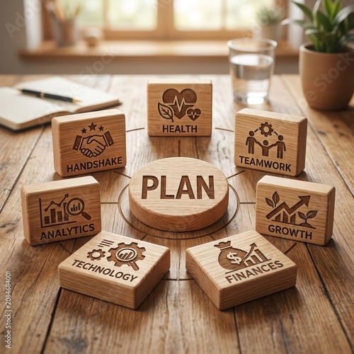 Business plan concept with stacked cardboard boxes and icons