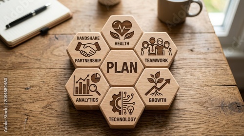 Business plan hexagon icons with teamwork and growth symbols