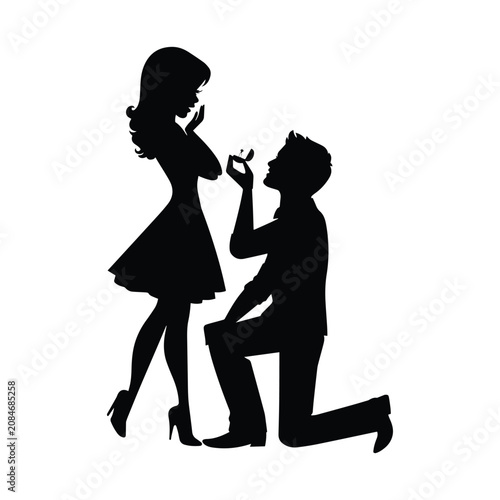 Photos Man proposing to woman with engagement ring, romantic gesture showing love and commitment on white background