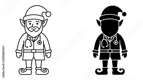 Schilderij op canvas Christmas Doctor Elf Duo: A playful illustration pair featuring a cheerful doctor elf in both outline and solid black silhouette, complete with a Santa hat, stethoscope, and pointy shoes