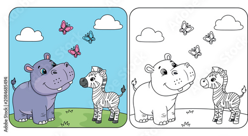Photography Friendly Hippo and Baby Zebra with Butterflies - Cute Cartoon Illustration for K