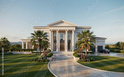 Luxury Neoclassical Mansion with Grand Columns and Palm Trees Exterior