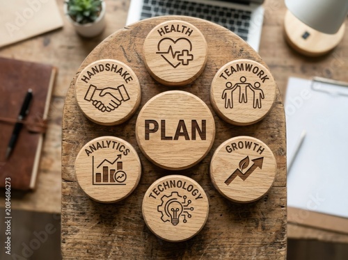 Wooden circles with business plan and teamwork icons