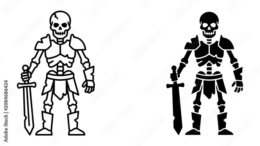 Fototapeta premium Skeleton Warrior Icons: A stark depiction of a skeleton warrior, armored and wielding a sword, presented in both outlined and silhouette forms.