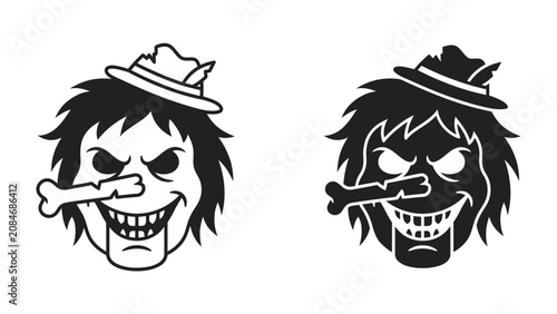 Fotografie Spooky Character with Hat and Bone: A creepy, cartoonish character with wild hair, a menacing grin, and a bone held in its mouth, wearing a hat