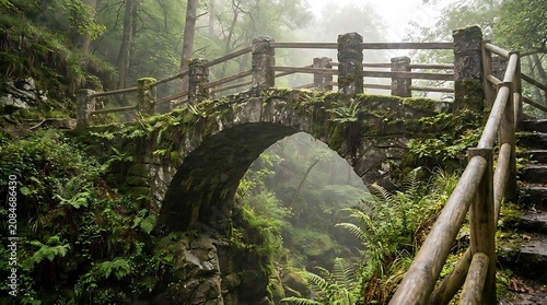Stone arch bridge in misty green woods.