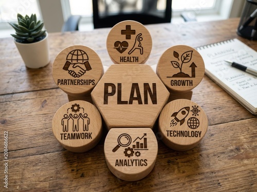 Business plan concept with growth health teamwork and technology icons