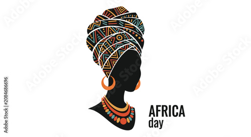 Beautiful profile portrait of a black African woman wearing a traditional geometric pattern headwrap and necklace.