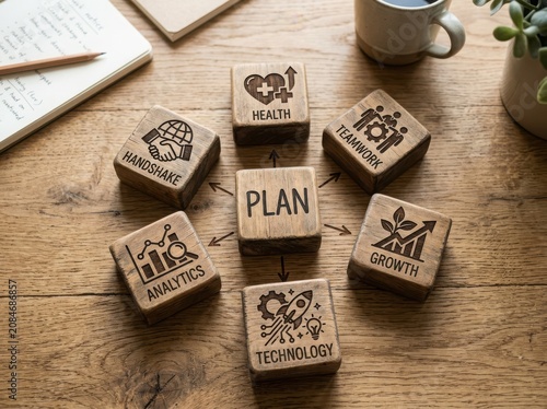 Business strategy plan blocks with teamwork and growth icons