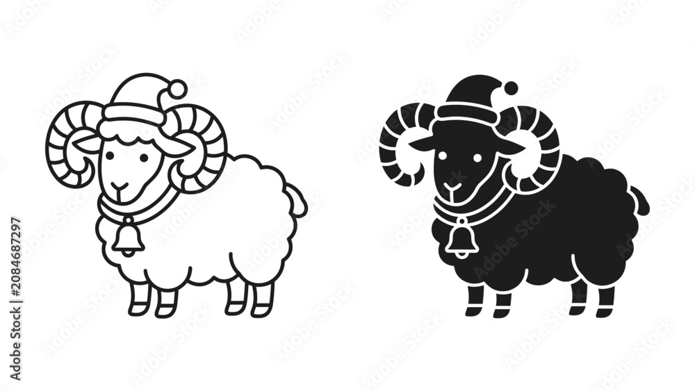 Obraz premium Christmas Ram Icon: A charming ram adorned with a festive Santa hat and a cozy scarf with a bell, presented in both outline and silhouette styles, ready for holiday cheer.