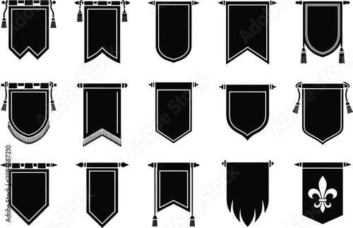 Collection of medieval banners and flags black silhouettes on transparent background stylized heraldic symbols pennants.