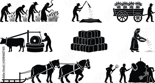 Canvas Print Traditional Agriculture and Ancient Farming Silhouette Vector Set Featuring Manu